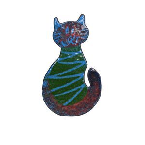 Vintage Metal Cat Brooch Pin Artsy Whimsical Green Blue Red Cute Unique